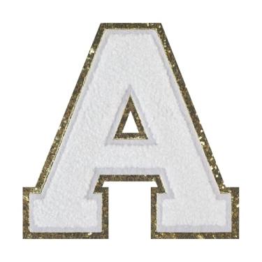 Imagem de 1 peça de patch de letra de chenille branco de 11,4 cm com borda dourada – Remendos do alfabeto para roupas, jaquetas, mochilas, chapéus para decoração personalizada, nome personalizado e artesanato