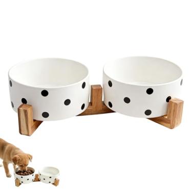 Imagem de Conjunto de tigelas elevadas de cerâmica para cães de 815 g com suporte de madeira de acácia - Tigela de comida de gato com 3,6 xícaras, tigela elevada para animais de estimação, tigelas básicas