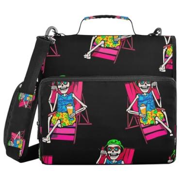 Imagem de STAYTOP Fichário escolar de caveira de Halloween com alça de ombro, anéis de vedação de 3,9 cm, capacidade para 600 folhas, pasta de arquivos expansível, vários bolsos e organizador de armazenamento