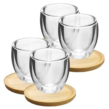 Imagem de Jogo Xicara 100ml Café Expresso Chá Copos kit dupla camada Gourmet Vidro duplo Pires Bambu (4)