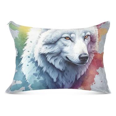 Imagem de Fronha em aquarela branca com zíper cinza lobo poliéster estampas divertidas King Queen tamanho padrão fronha fronha travesseiro de cama básico, tamanho padrão, 50,8 cm x 66 cm