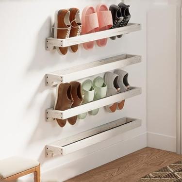 Imagem de tonchean Sapateira montada na parede 76 cm, organizador de sapatos de madeira maciça, lavado, branco gasto, prateleira de madeira, suporte organizador de sapatos para armário e entrada de rv, pacote