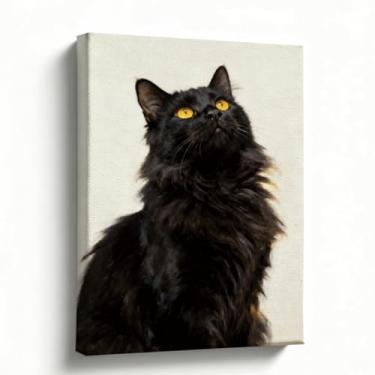 Imagem de Arte de parede em tela, impressão de pintura a óleo de retrato de gato preto, arte de parede de animal de estimação com olhos âmbar brilhantes, decoração minimalista moderna para entrada, quarto