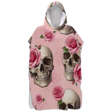 Imagem de Joisal Poncho de surfe para adultos trocador de roupa de praia com capuz toalha de banho reutilizável crânios humanos rosas rosa poncho adulto unissex com capuz