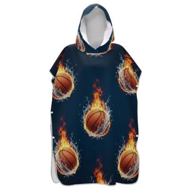 Imagem de TSENQUE Roupão de troca de bola de basquete preto fogo para adultos poncho de surfe com capuz toalha de natação vestível feminino ponchos com capuz