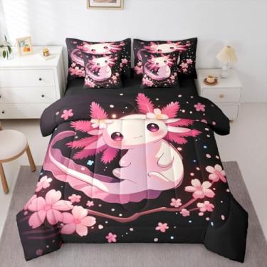 Imagem de Erosebridal Jogo de lençol casal com estampa de axolote de desenho animado de flor de cerejeira japonesa, vida selvagem, salamandra, rosa, salamandra, oceano, respirável, leve