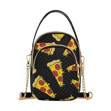 Imagem de Joisal Bolsa feminina pequena com desenho de pizza amarela, bolsa de ombro pequena, bolsas modernas de verão, Amarelo Pizza Doodle Preto, 15*21*8cm