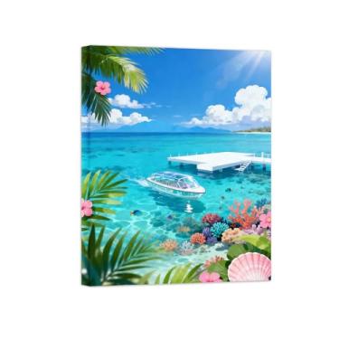 Imagem de Pôster paisagem - Flores barco marítimo - Impressões em Tela - Imagem Moderna Natureza para Sala de Estar Decoração 60x80cm Tela Embrulhada