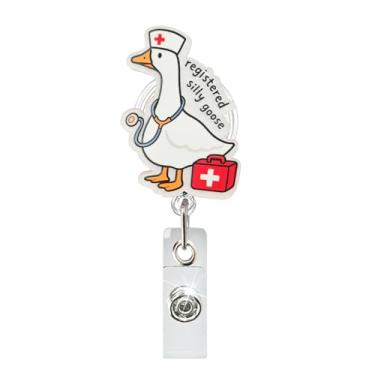 Imagem de Silly Goose Nurse Badge Reel – Bonito porta-crachá retrátil com clipe jacaré, clipe de etiqueta de nome de humor de enfermeira para RN, CNA, assistente médico, professor, escritório, presentes para