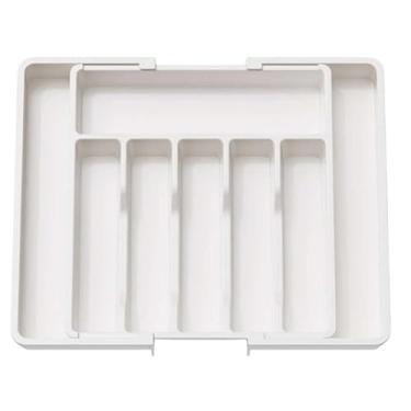 Imagem de Organizador de Talheres Expansível para Gaveta, Plástico Resistente, 33-57cm x 38cm x 5cm, com Divisórias Modulares, Retangular (Branco)