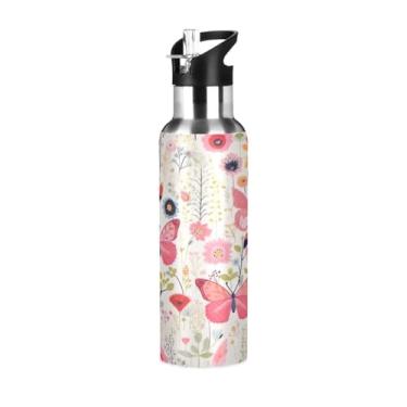 Imagem de Wassud Garrafa de água fofa borboletas garrafa de água esportiva de aço inoxidável com canudo garrafas de água isoladas copo portátil de viagem 623 g