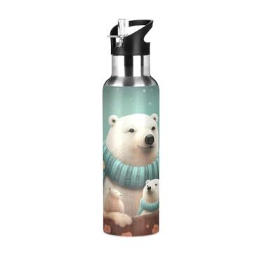 Imagem de Wassud Garrafa de água fofa urso polar garrafa de água esportiva de aço inoxidável com canudo garrafas de água isoladas copo portátil de viagem 947 ml