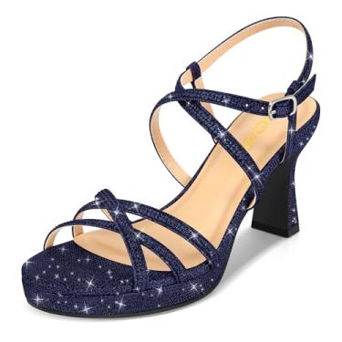 Imagem de PIZZ ANNU Sandália feminina Stellora plataforma salto alto bloco tiras brilhantes strass aberto bico aberto tira no tornozelo sapato sapato sapato para festa casamento, Azul marino, 41
