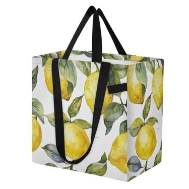 Imagem de SEHANY Sacolas de compras reutilizáveis de verão limão com alças reforçadas, bolsa de compras de lona dobrável à prova d'água de grande capacidade para viagem, cozinha, praia