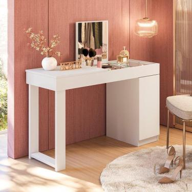 Imagem de Escrivaninha Penteadeira Love Com Vidro De Correr Espelho Prateleira Design Moderno - Branco Fosco