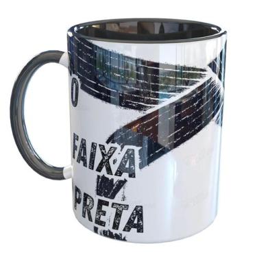 Imagem de Caneca Porcelana Judô Faixa Preta e Branca - Pense Canecas, Preto