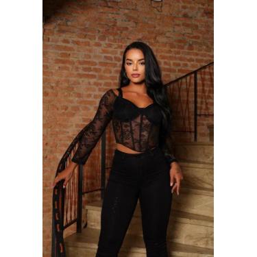 Imagem de Faraya Jeans Calça Flare Preta com strass/brilho aplicação Cintura alt