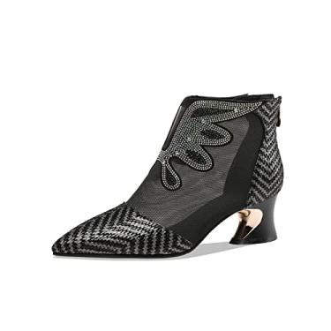 Imagem de TinaCus Botas de verão femininas feitas à mão couro legítimo e malha com zíper na parte de trás com glitter decoração de salto grosso, D, prata, 10.5