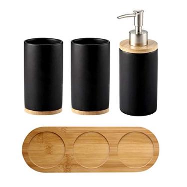 Imagem de Onepine Conjunto de banheiro de cerâmica de 4 peças inclui bomba de dispensador de sabão, suporte de escova de dentes, copos, bandeja de madeira