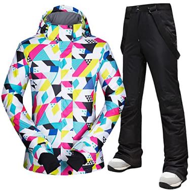 Imagem de Yajun Terno de esqui fashion feminino jaquetas e calças de inverno quentes à prova d'água -30 graus poliéster roupa de neve para acampamento de ciclismo ao ar livre, preto, GG (busto: 112 cm)