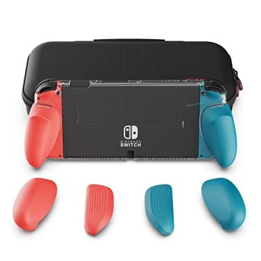 Imagem de Skull & Co. Pacote GripCase OLED: Uma capa protetora transparente encaixável com punhos substituíveis para Nintendo Switch OLED Modelo [com estojo de transporte] - Azul neon (G) e Vermelho neon (R)