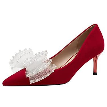 Imagem de Sapatos femininos de bico fino gravata borboleta salto alto stiletto sem cadarço sapato bico fino salto clássico festa noite escarpim, vermelho 2, 39 EU/8 EUA