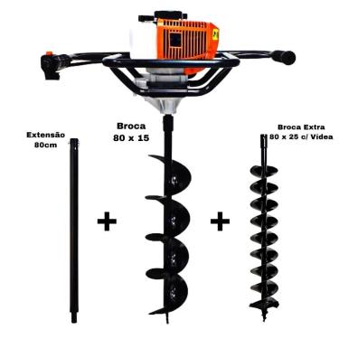 Imagem de KIT Perfurador de Solo Vulcan VPS520-S 2T 52CC 2,5HP com Broca 80x15cm + Kawashima Broca Extra 80x25cm + Extensão de 80cm