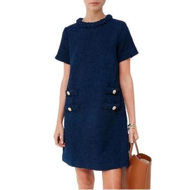 Imagem de Vestido feminino de tweed com gola redonda, manga curta, evasê, vintage, casual, mini vestidos, Azul marino, XXG