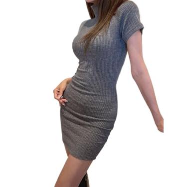 Imagem de Camisa Feminina High Neck Ribbed Knit Bodycon Dress (Color : Gray, Size : L)