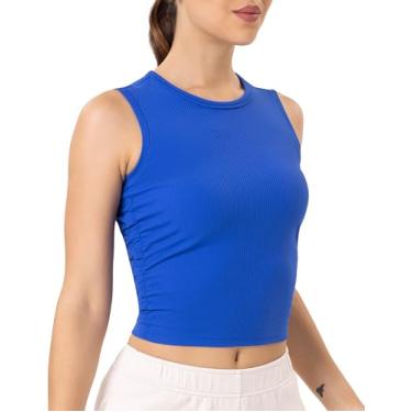 Imagem de YUNOGA Camisetas femininas sem mangas para treino, gola redonda, básicas, cropped caneladas, atléticas para ioga, Azul royal, G