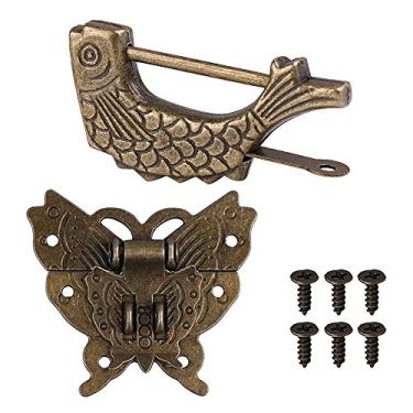 Imagem de Conjunto de fechaduras chinesas pequenas antigas com chave e ferrolho de trinco, caixa de presente de joias vintage, conjunto de trinco decorativo para caixa de madeira, cadeado de peixe
