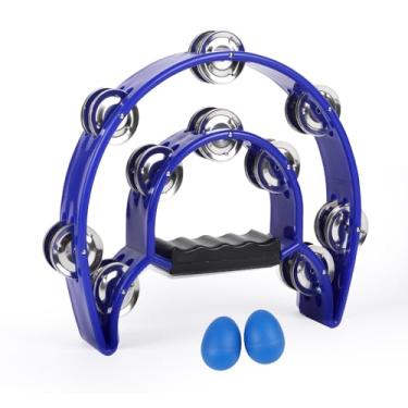 Imagem de Instrumento musical pandeiro com agitadores de ovos - fileira dupla de metal jingles pandeiros meia lua presente de percussão portátil para adultos igreja educação musical KTV festa dança (azul)