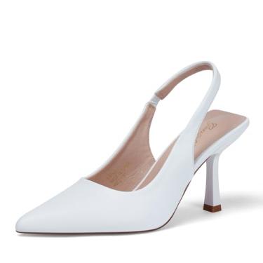 Imagem de GENSHUO Sandálias femininas com salto gatinho bico fino fechado stiletto tira elástica vestido de festa de casamento sandálias, Branco, 7