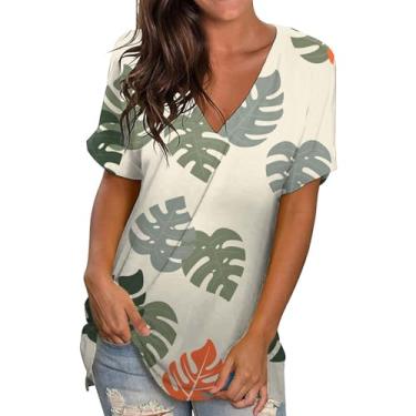 Imagem de Camiseta feminina de verão com gola V plus size, casual, manga curta, estampada, túnica, Caqui, P
