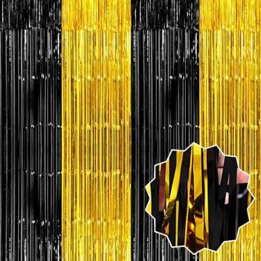 Imagem de Pacote com 3 cortinas com franja preta e dourada de 8,28 x 2,5 m, pano de fundo metálico para cabine de fotos, aniversário, formatura, despedida de solteira, evento de celebração, decoração de festa