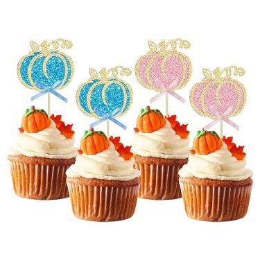 Imagem de Gyufise 24 peças de enfeite de cupcake de abóbora revelação de gênero fita azul rosa com glitter tema de outono decorações de palheta de bolo de abóbora para revelação de gênero chá de bebê crianças