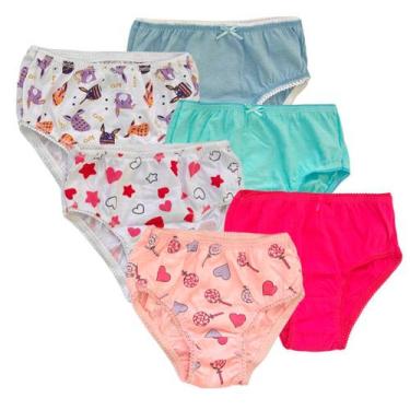 Imagem de Kit 6 Calcinhas Infantil Estampadas Lisas Sortidas em Algodão Tampinha