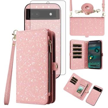 Imagem de Asuwish Capa de celular para Google Pixel 6A 5G 2022 com zíper carteira magnética destacável com protetor de tela de vidro temperado e suporte de cartão com glitter, acessórios para celular Pixel6A A6