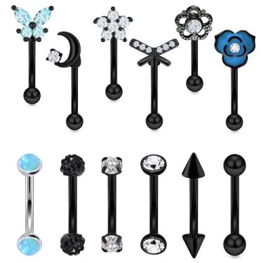 Imagem de Vsnnsns 16G Rook Daith Piercing Joias Aço Cirúrgico 8 mm Barra Curva Sobrancelha Anéis Helix Tragus Barbelly Lip Rings CZ Piercing Kit de Joias Cartilagem Daith Rook Brincos para Mulheres Homens 12 peças, Metal Cristal Strass, Cristal