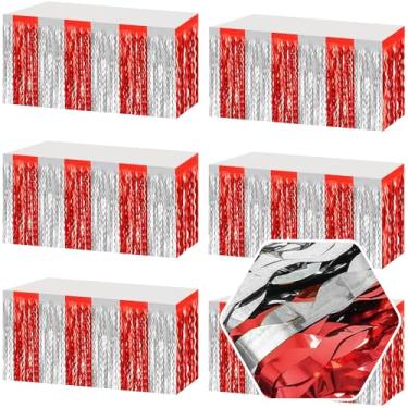 Imagem de Pacote com 6 saias de mesa com franja ondulada vermelha de 73 x 272 cm, faixa metálica para decoração de guirlanda de tinsel para boias de desfile, dia das mães, Páscoa, casamento, decoração de festa