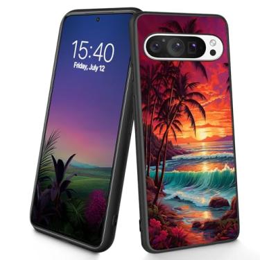 Imagem de Bxgolkgd Projetada para Pixel 9 Pro XL, capa protetora antiderrapante de silicone TPU macio e fino à prova de choque para Google Pixel 9 Pro XL 2024 de 6,8 polegadas - pôr do sol com palmeira na praia