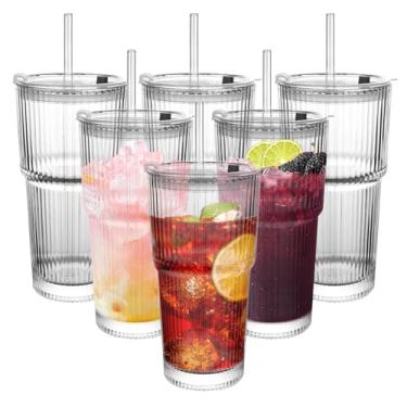 Imagem de CHPINDAM Copos de bebida canelados, com tampas e canudos, copo de vidro de 540 ml, pacote com 6 copos antiquados, espessos para cafés gelados, coquetéis e sucos, perfeitos para famílias e festas (6)