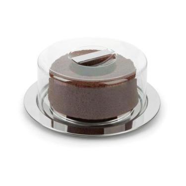 Imagem de Prato Para Bolo Redondo Aço Inox Tampa Acrílico 25CM Queijo - Forma