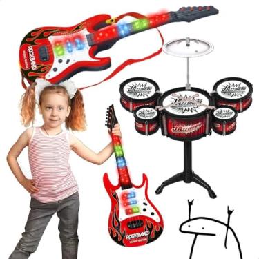 Imagem de Guitarra infantil premium com corda som e luz e mini bateria de mesa brinquedo educativo musical presente aniversário criança menina menino 4 5 6 anos (Bateria Vermelha)