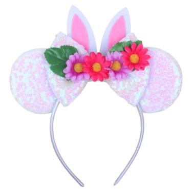 Imagem de CIVFCRT Tiaras de orelha de rato de Páscoa com laço de glitter e flores - Faixa de cabelo elástica de orelha de coelho rosa para mulheres e meninas, acessórios de cabelo para festa de coelhinho da