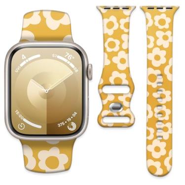 Imagem de Pulseira esportiva de silicone compatível com Apple Watch séries 10, 9, 8, 7, 6, 5 e SE de 40 mm, 38 mm e 41 mm (flor amarela groovy)