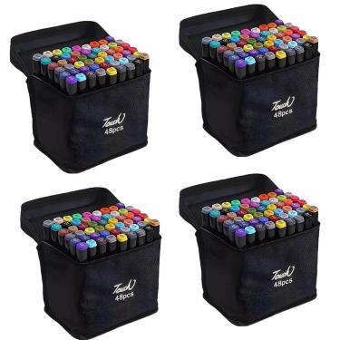 Imagem de Caneta Canetinha 48 Cores Permanente Marcador Ponta Dupla Kit 4 unidades Bolsa Estojo Arte Pintura Desenho Profissional Escola Curso Faculdade