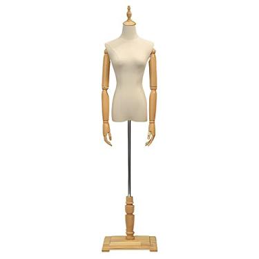 Imagem de CUTPOIY Corpo de manequim feminino bege, forma de vestido de exibição de costura/roupas, suporte de base de madeira maciça, braços removíveis, estilo europeu vintage (tamanho: com braços + cabeça