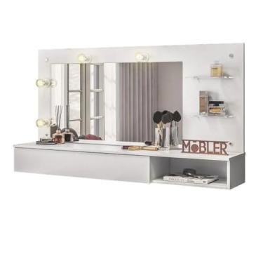 Imagem de Penteadeira Camarim Suspensa com Espelho, Iluminação LED, Prateleiras, Branca (Branco)