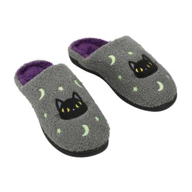 Imagem de Bioworld Pantufa cinza cinza brilhante gato preto lua e estrelas Halloween, Brilho de gato preto, M